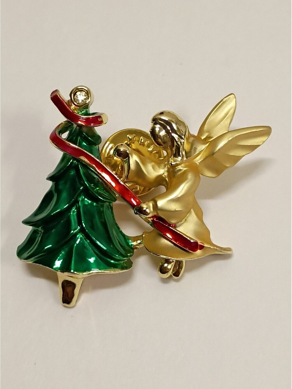 Gigi Guisti Angel with Christmas Tree Brooch Pin Gold Color Metal Red Ribbon